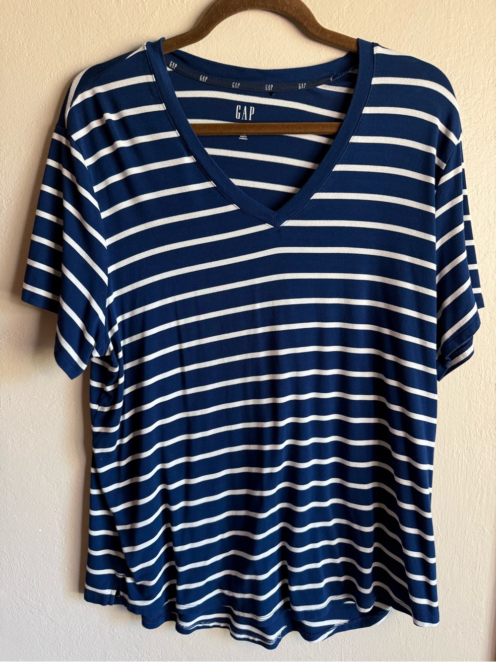 GAP Navy and White Striped V-Neck Short Sleeve Tee